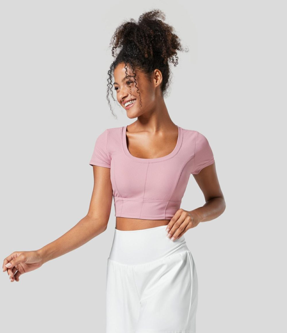 Ribbed U Neck Short Sleeve Cropped Casual Sports Top  | Womens  Sports Tops Clothing Bleached Mauve/Black