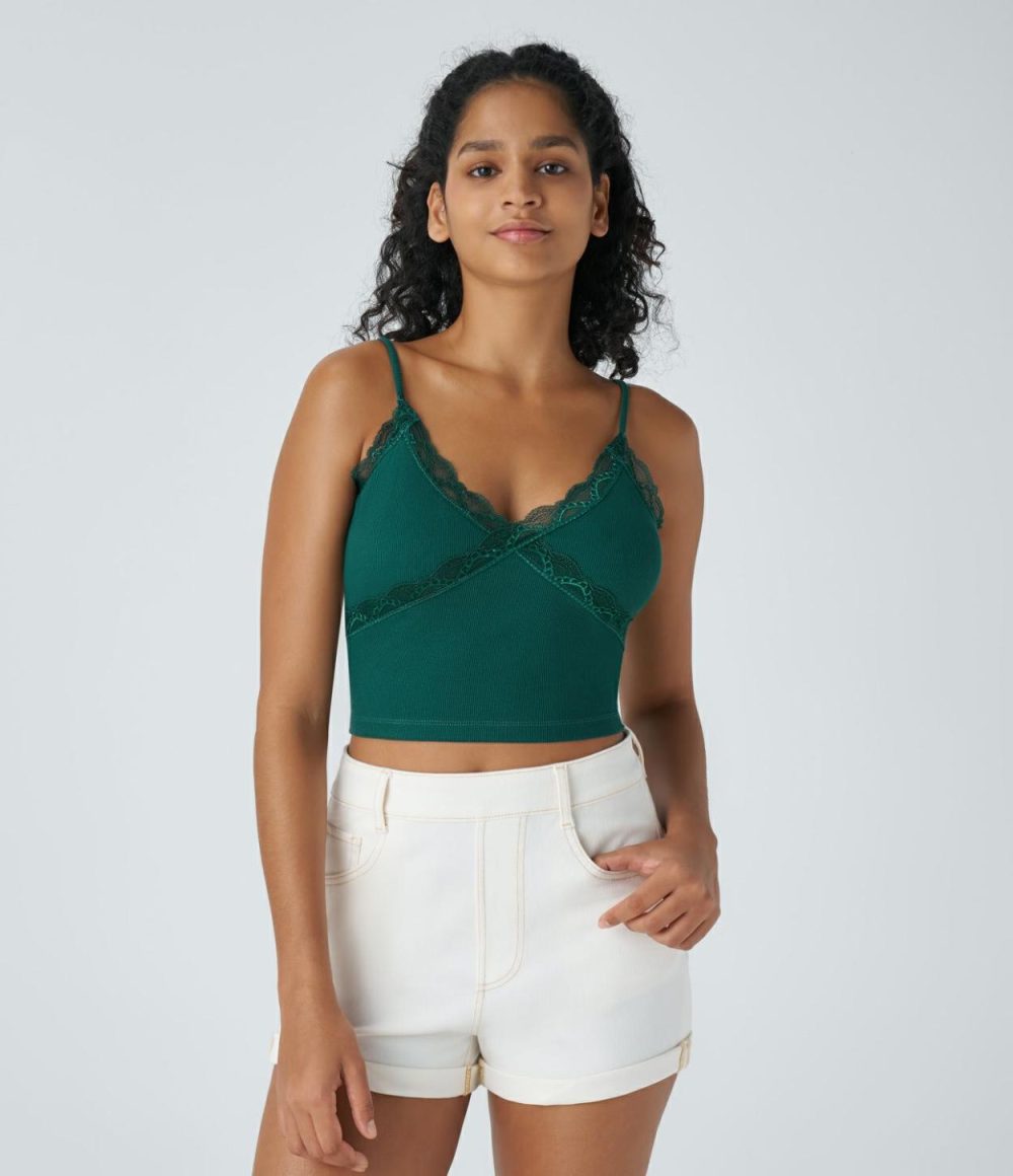 Ribbed V Neck Contrast Lace Backless Cropped Casual Cami  | Womens  Cropped Tops Clothing Cropped Tops