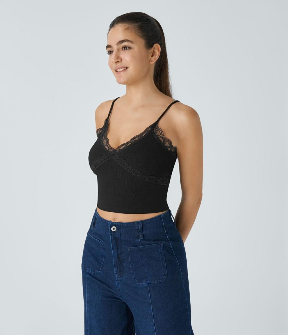 Ribbed V Neck Contrast Lace Backless Cropped Casual Cami  | Womens  Cropped Tops Clothing Cropped Tops