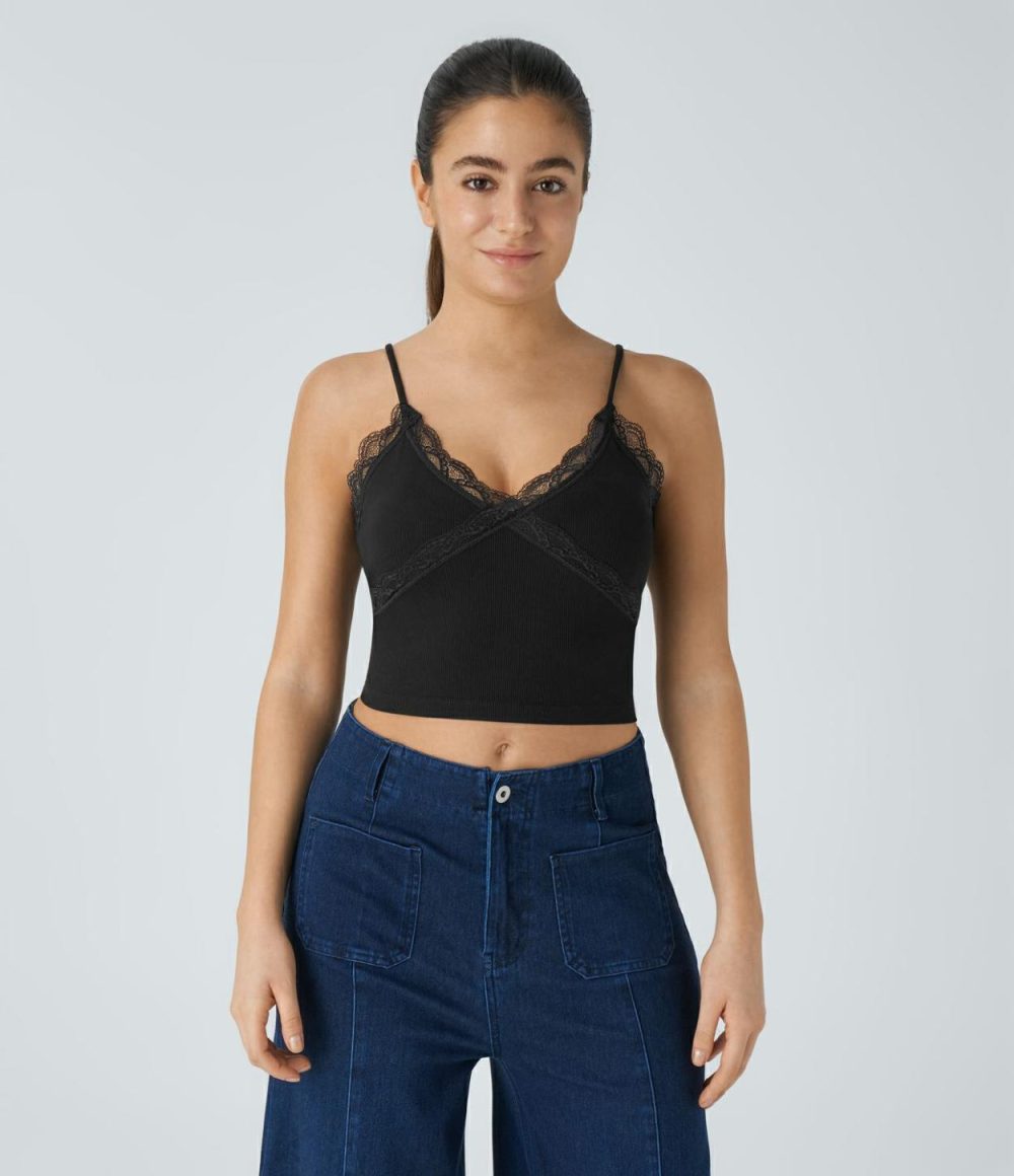 Ribbed V Neck Contrast Lace Backless Cropped Casual Cami  | Womens  Cropped Tops Clothing Cropped Tops