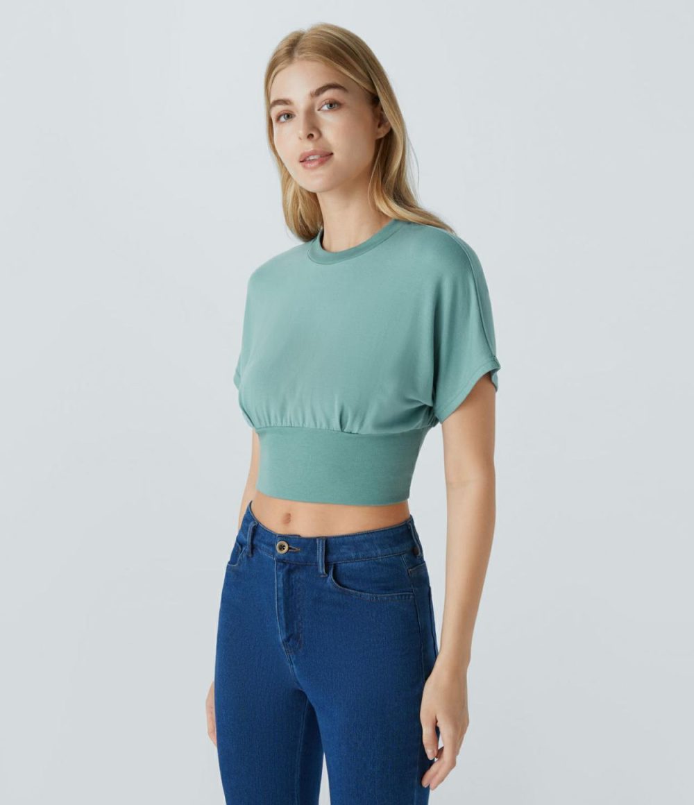 Round Neck Batwing Sleeve Cropped Casual Top  | Womens  Cropped Tops Clothing Black/Aquifer