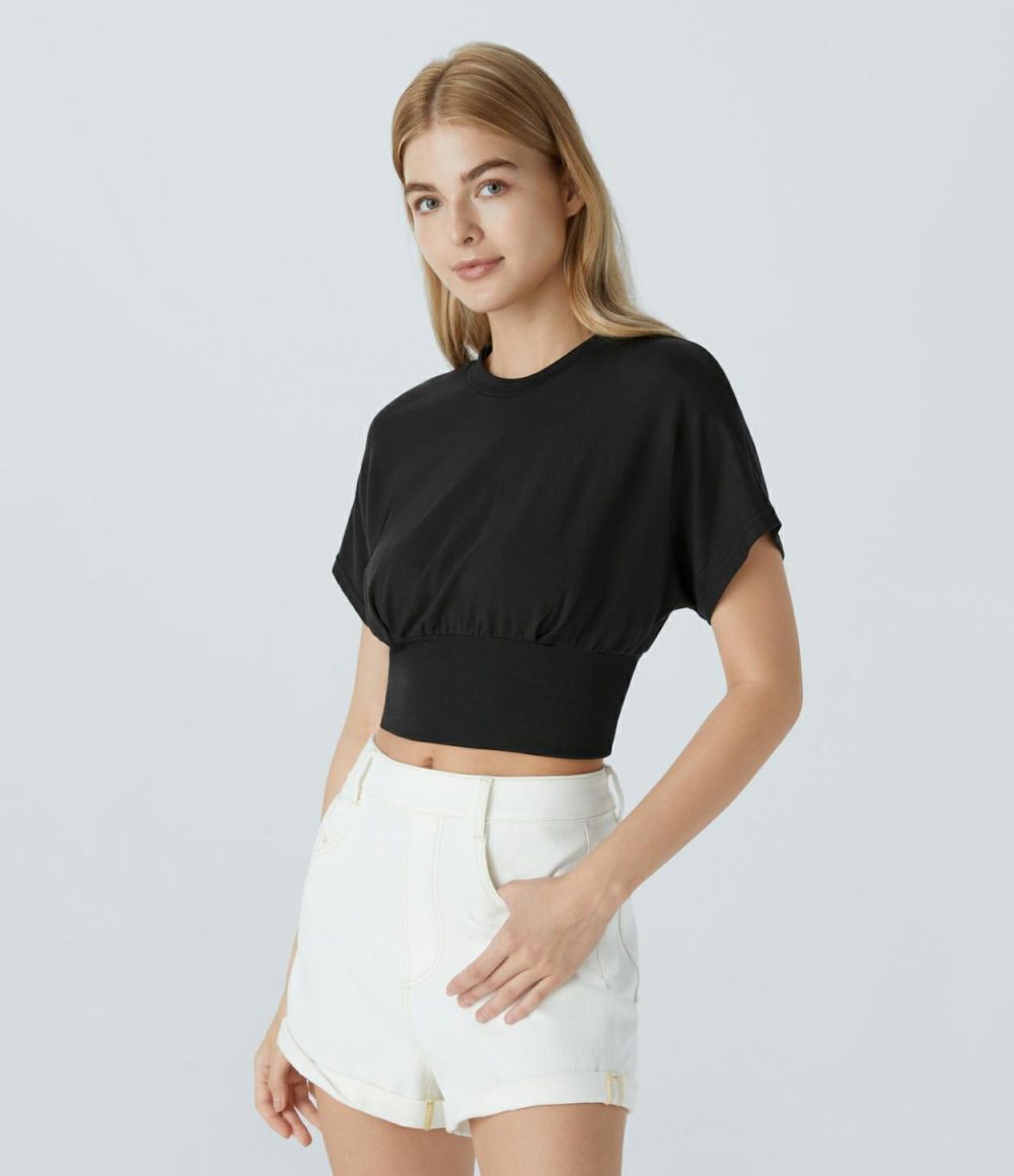 Round Neck Batwing Sleeve Cropped Casual Top  | Womens  Cropped Tops Clothing Black/Aquifer