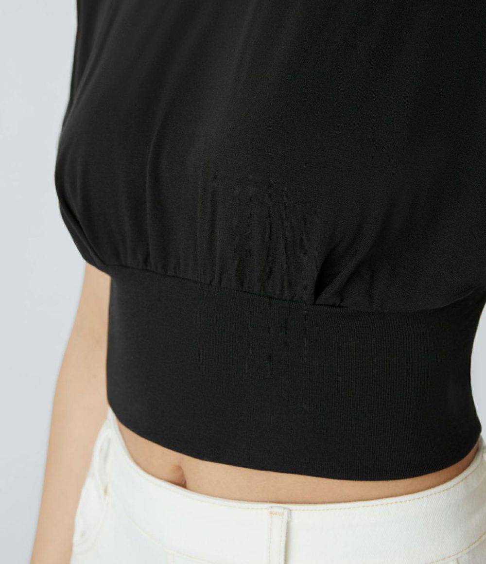 Round Neck Batwing Sleeve Cropped Casual Top  | Womens  Cropped Tops Clothing Black/Aquifer