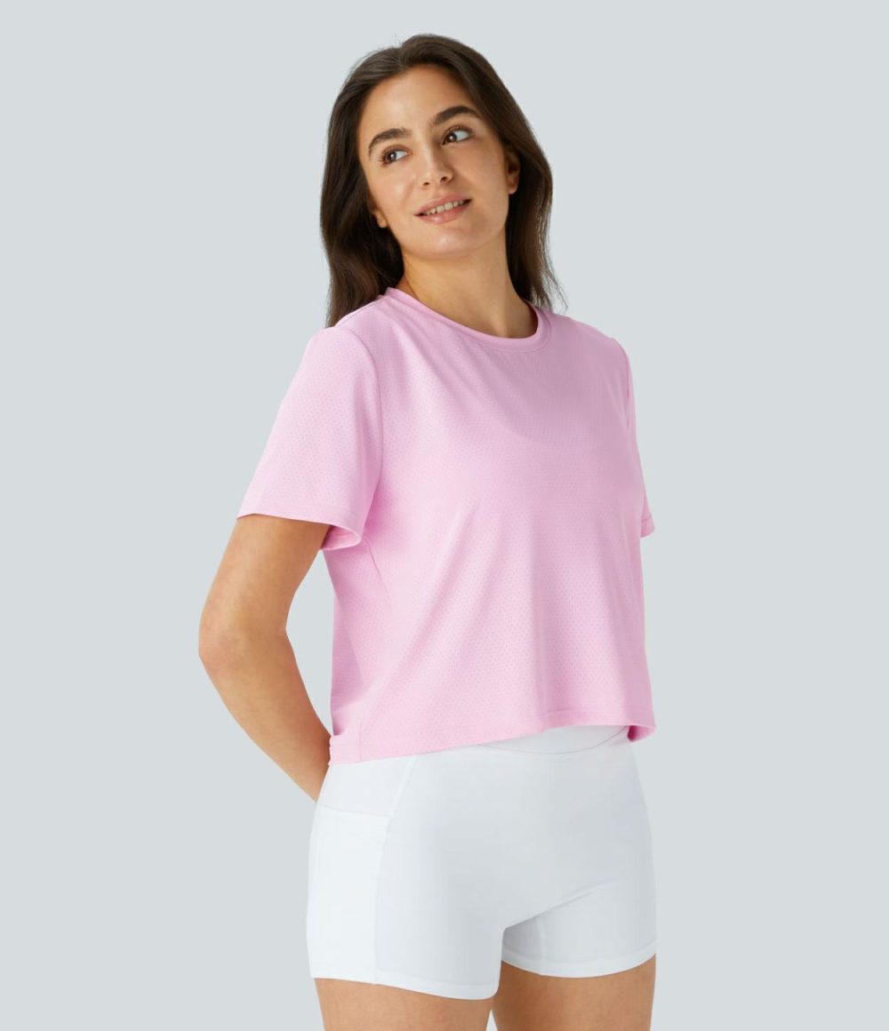 Round Neck Breathable Mesh Yoga Sports Top  | Womens  Sports Tops Clothing Plum Orchid Pink