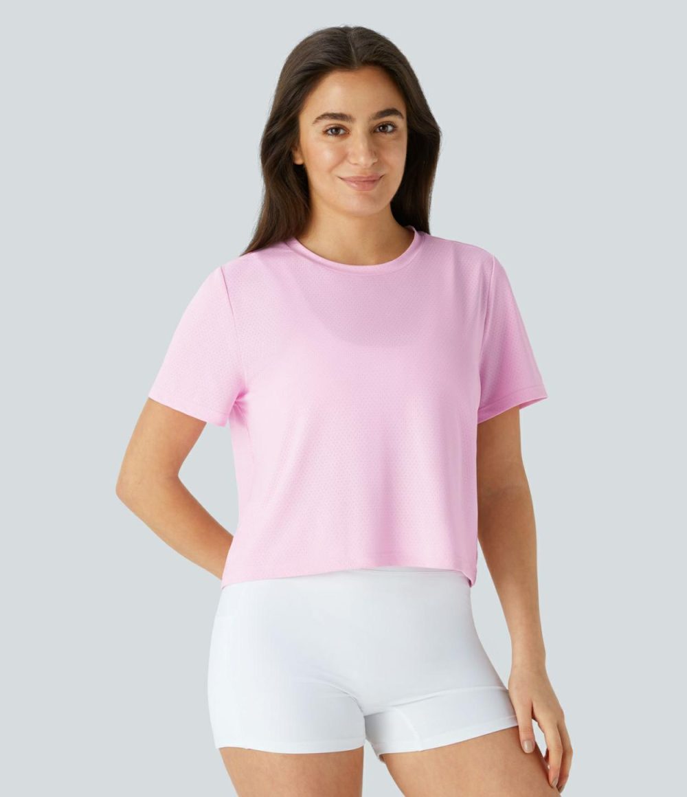 Round Neck Breathable Mesh Yoga Sports Top  | Womens  Sports Tops Clothing Plum Orchid Pink