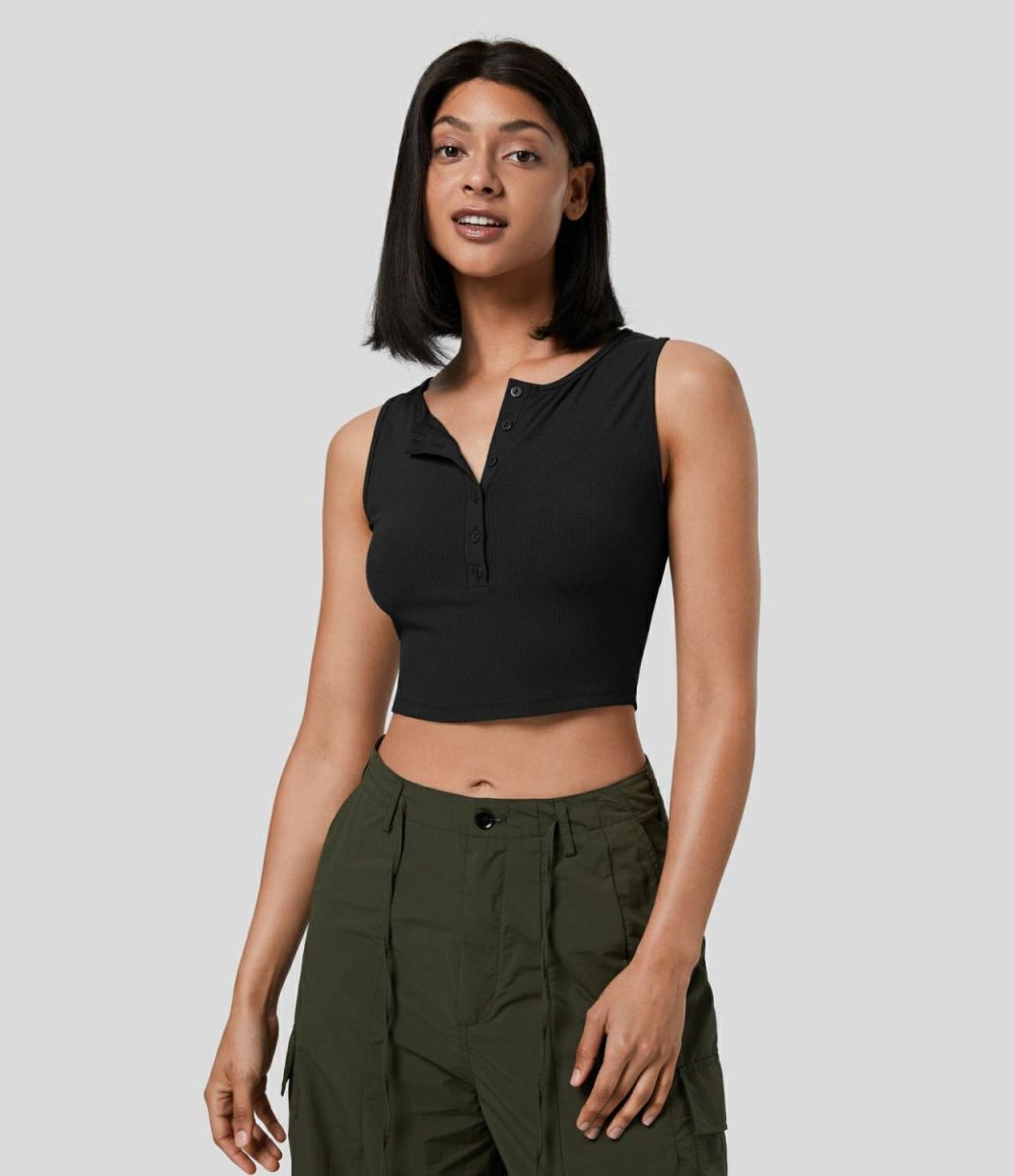 Round Neck Button Cropped Casual Tank Top  | Womens  Cropped Tops Clothing Black/Smoke Pine