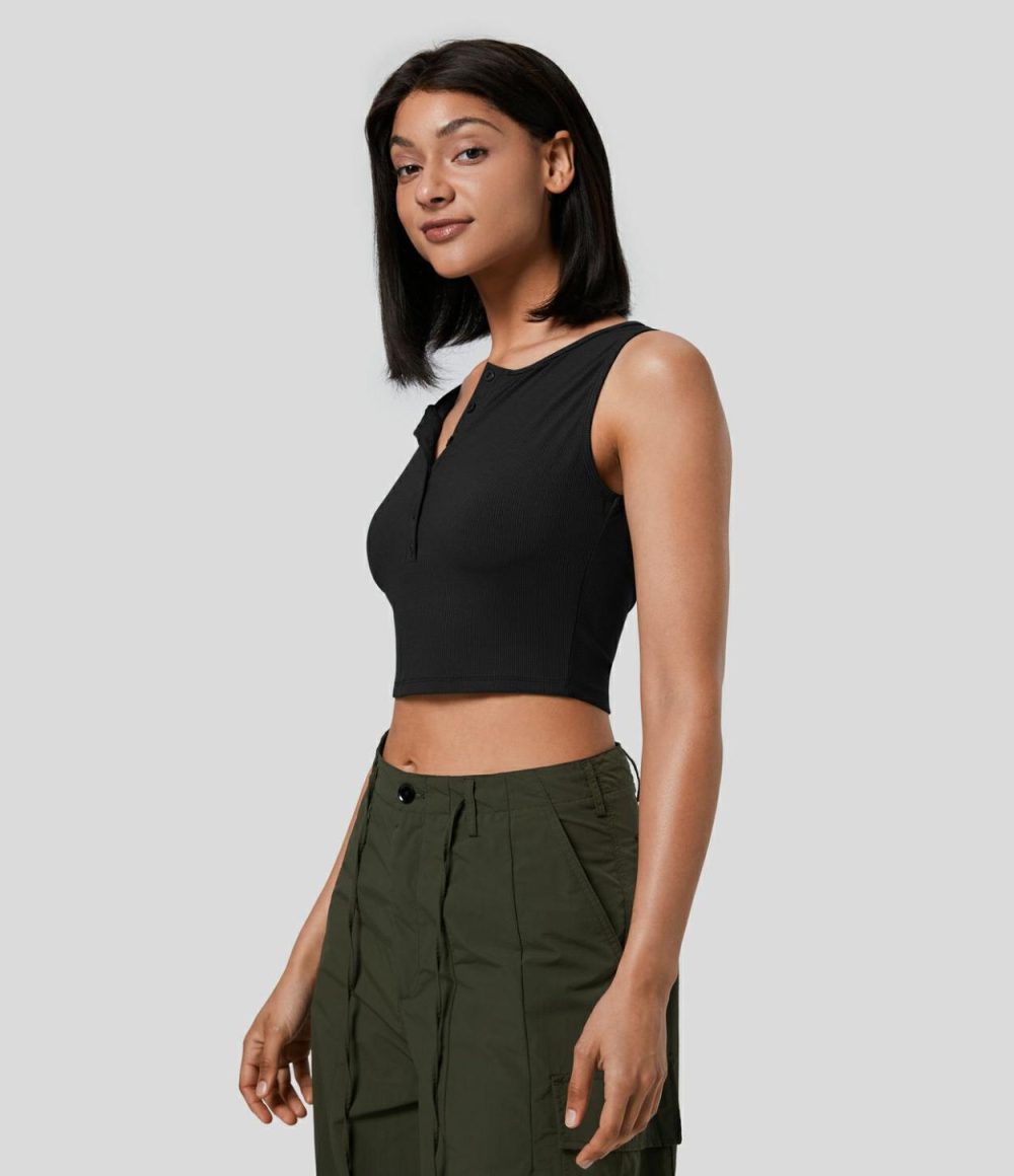 Round Neck Button Cropped Casual Tank Top  | Womens  Cropped Tops Clothing Black/Smoke Pine