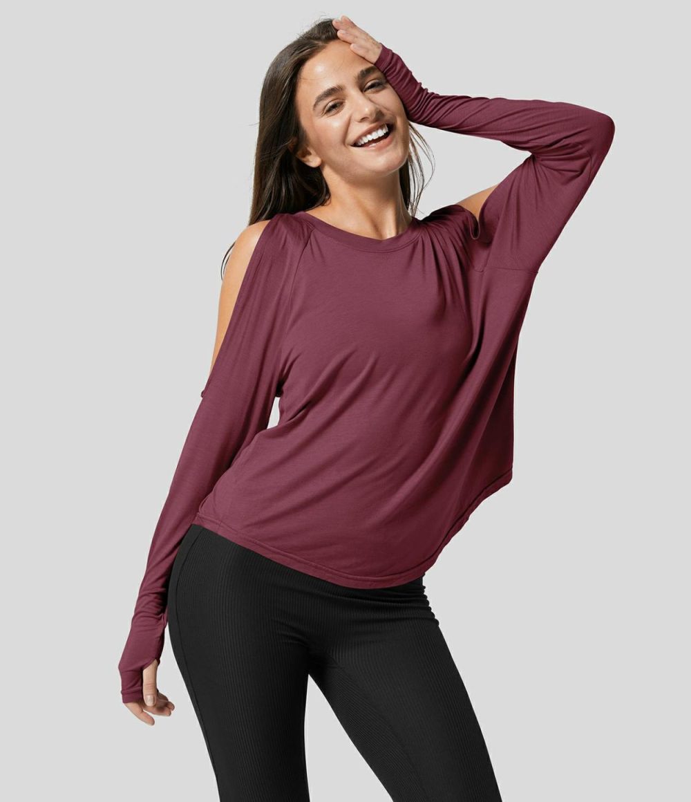 Round Neck Cold Shoulder Long Sleeve Thumb Hole Curved Hem Yoga Sports Top  | Womens  Sports Tops Clothing Oxblood Red/Black