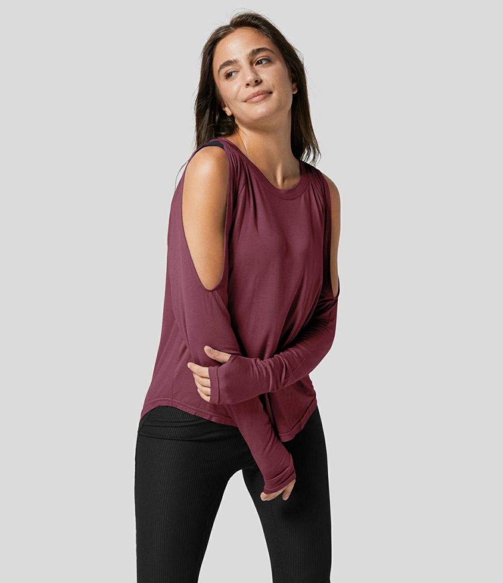 Round Neck Cold Shoulder Long Sleeve Thumb Hole Curved Hem Yoga Sports Top  | Womens  Sports Tops Clothing Oxblood Red/Black