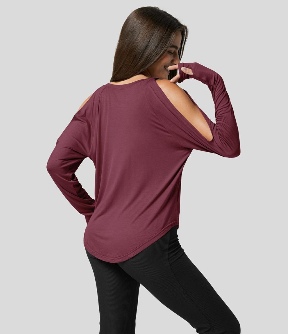 Round Neck Cold Shoulder Long Sleeve Thumb Hole Curved Hem Yoga Sports Top  | Womens  Sports Tops Clothing Oxblood Red/Black