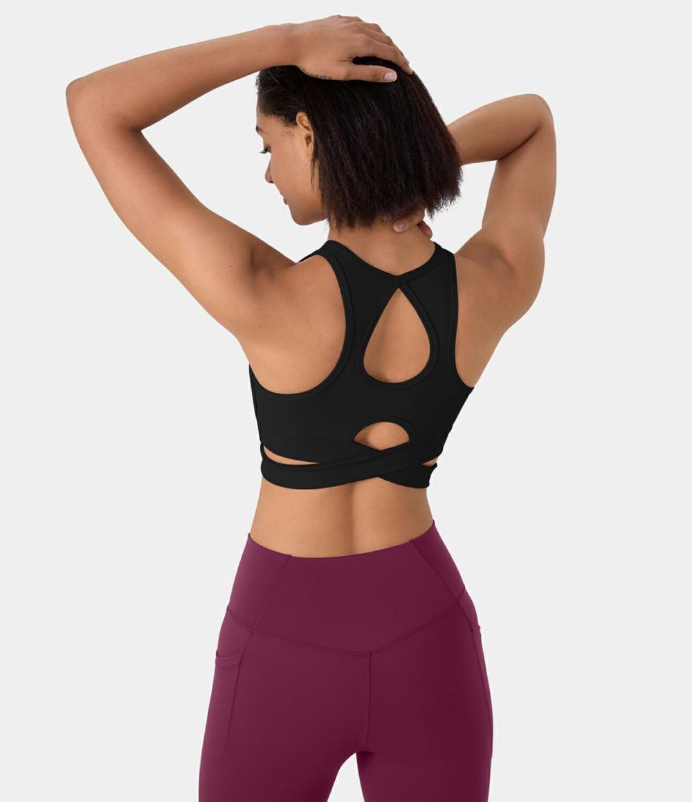 Round Neck Crossover Hem Cut Out Cropped Yoga Sports Top  | Womens  Sports Tops Clothing Black/Forest Night