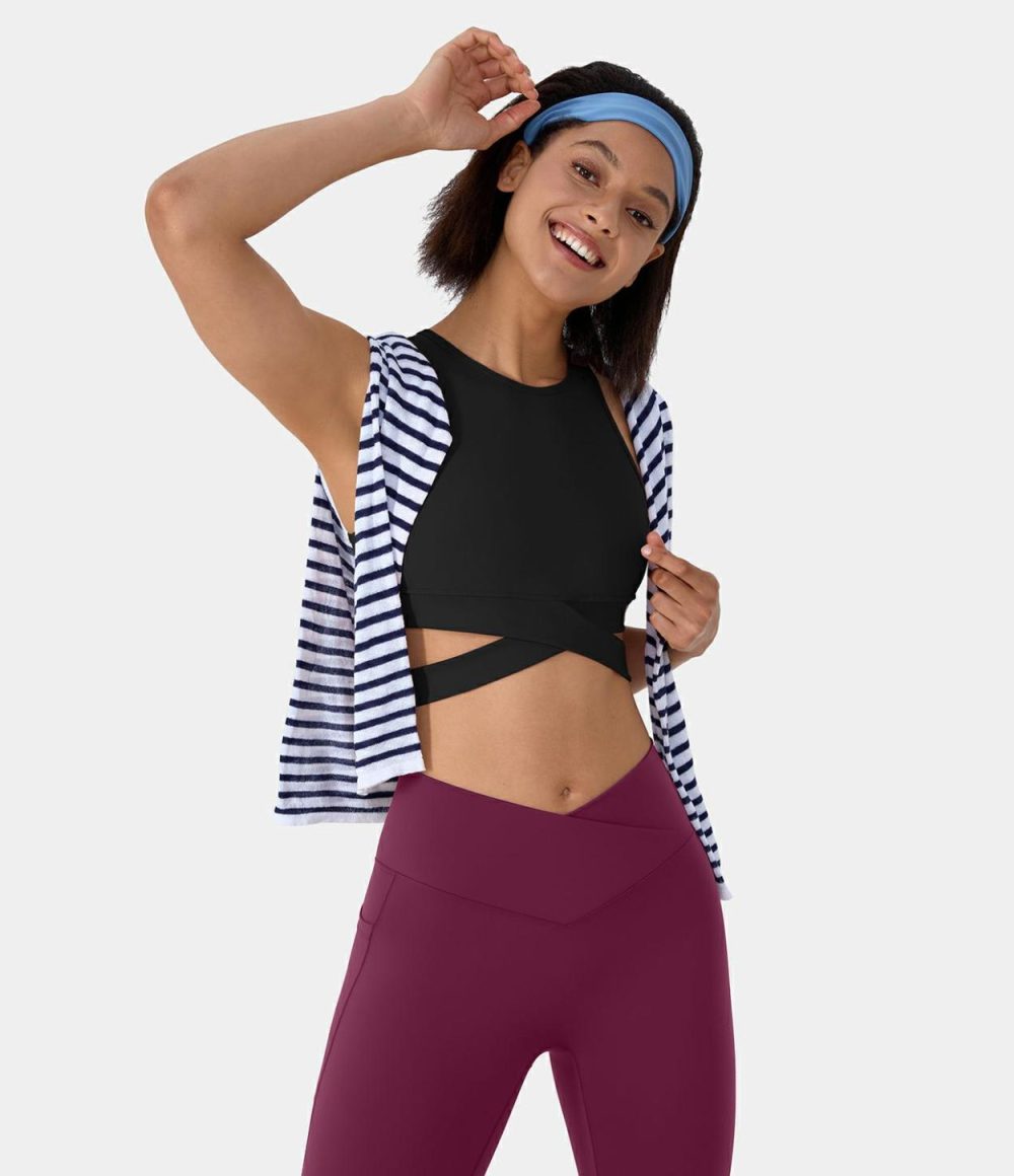 Round Neck Crossover Hem Cut Out Cropped Yoga Sports Top  | Womens  Sports Tops Clothing Black/Forest Night