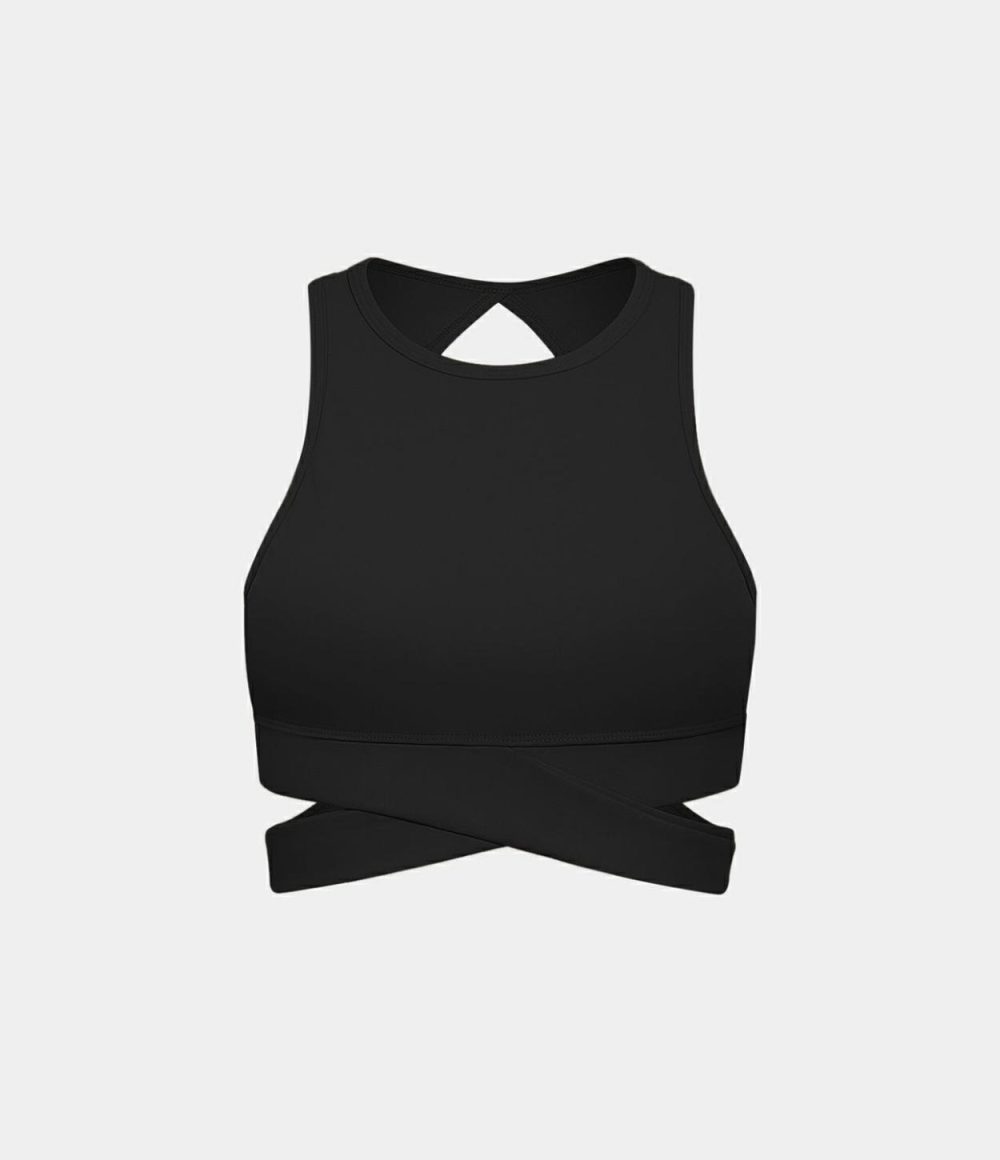 Round Neck Crossover Hem Cut Out Cropped Yoga Sports Top  | Womens  Sports Tops Clothing Black/Forest Night