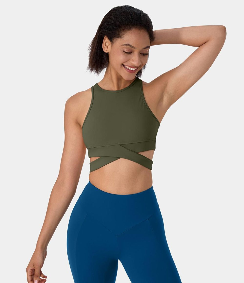 Round Neck Crossover Hem Cut Out Cropped Yoga Sports Top  | Womens  Sports Tops Clothing Black/Forest Night