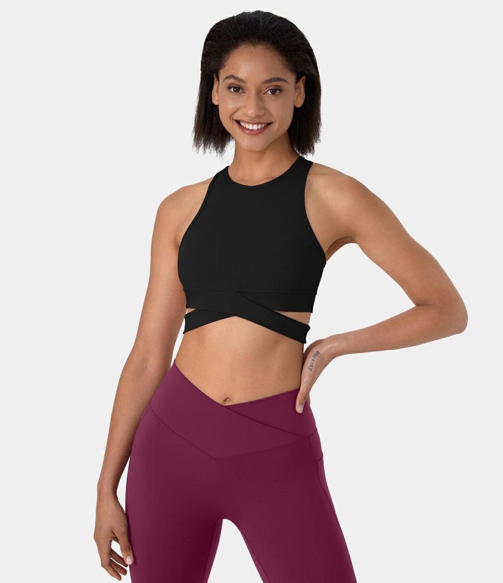 Round Neck Crossover Hem Cut Out Cropped Yoga Sports Top  | Womens  Sports Tops Clothing Black/Forest Night