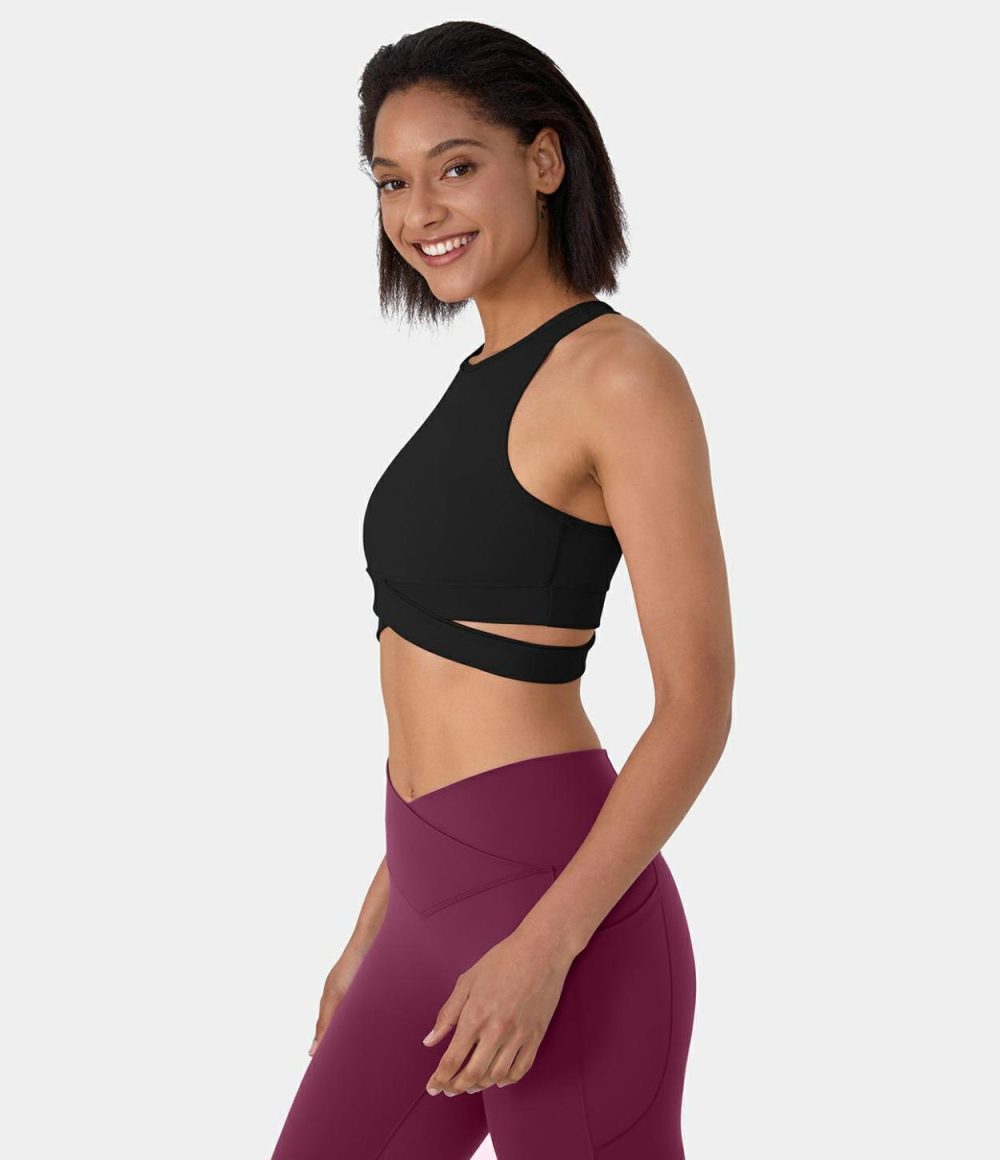 Round Neck Crossover Hem Cut Out Cropped Yoga Sports Top  | Womens  Sports Tops Clothing Black/Forest Night