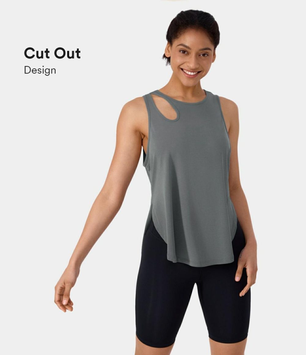 Round Neck Cut Out Split Hem Yoga Sports Top  | Womens  Sports Tops Clothing Sports Tops