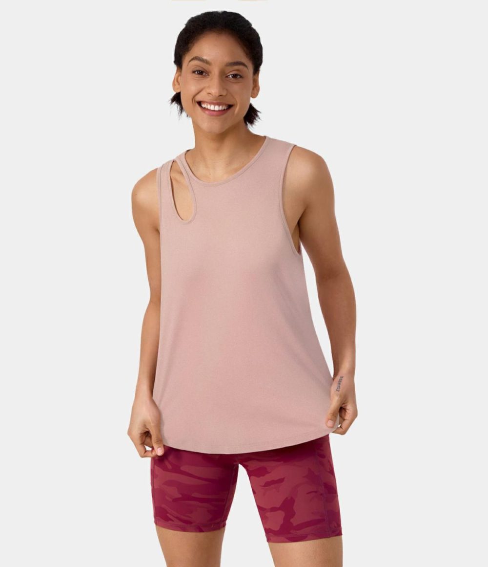 Round Neck Cut Out Split Hem Yoga Sports Top  | Womens  Sports Tops Clothing Sports Tops