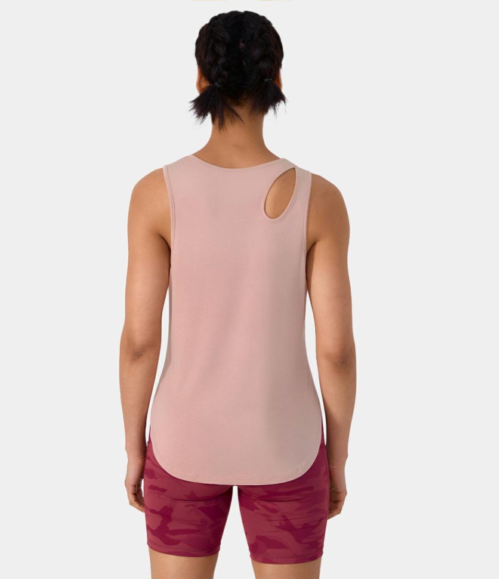 Round Neck Cut Out Split Hem Yoga Sports Top  | Womens  Sports Tops Clothing Sports Tops