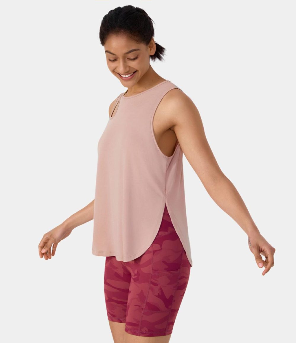 Round Neck Cut Out Split Hem Yoga Sports Top  | Womens  Sports Tops Clothing Sports Tops