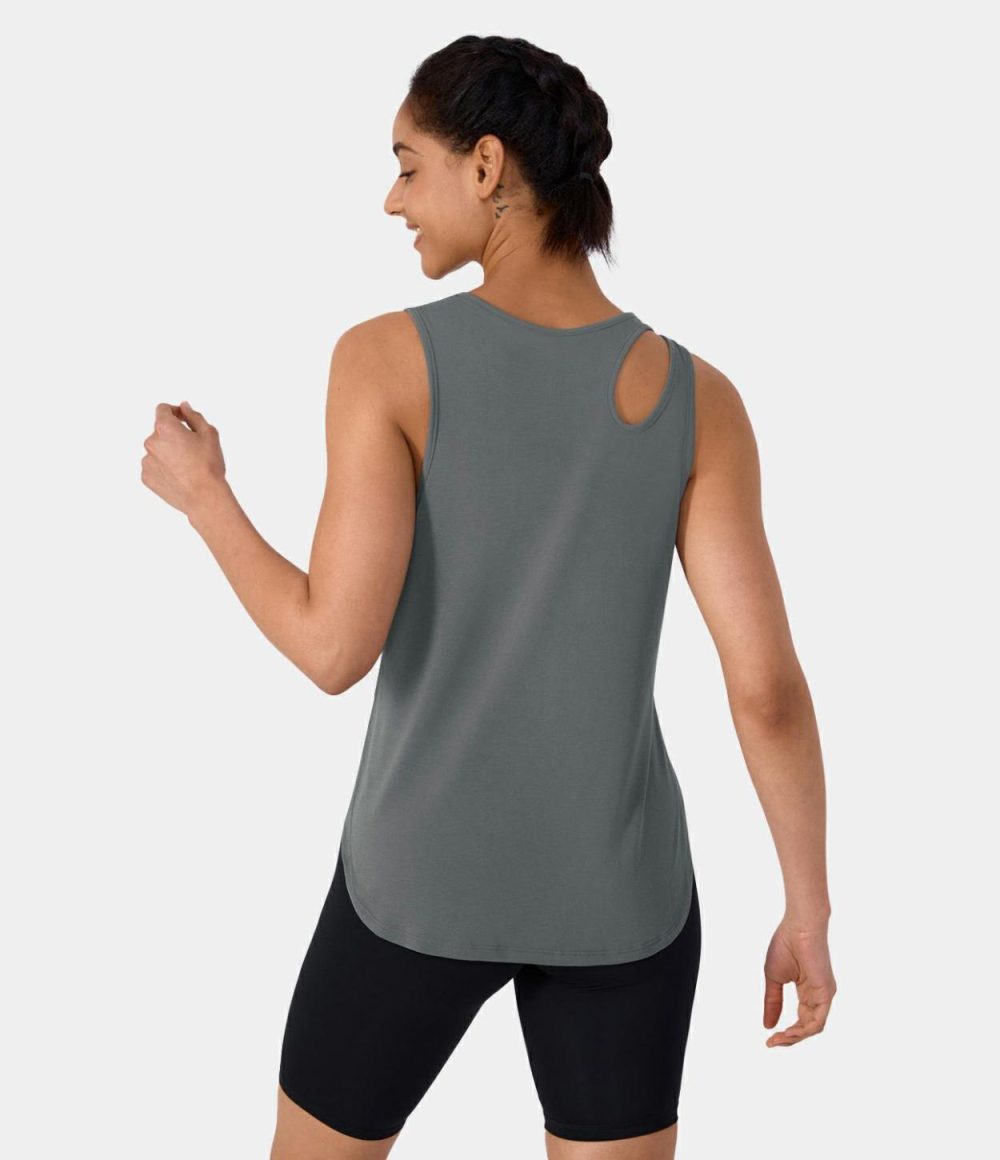 Round Neck Cut Out Split Hem Yoga Sports Top  | Womens  Sports Tops Clothing Sports Tops