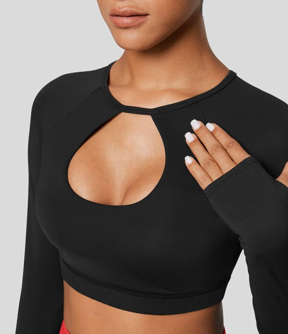 Round Neck Cut Out Thumb Hole Backless Cropped Quick Dry Tennis Sports Top  | Womens  Sports Tops Clothing Black/White