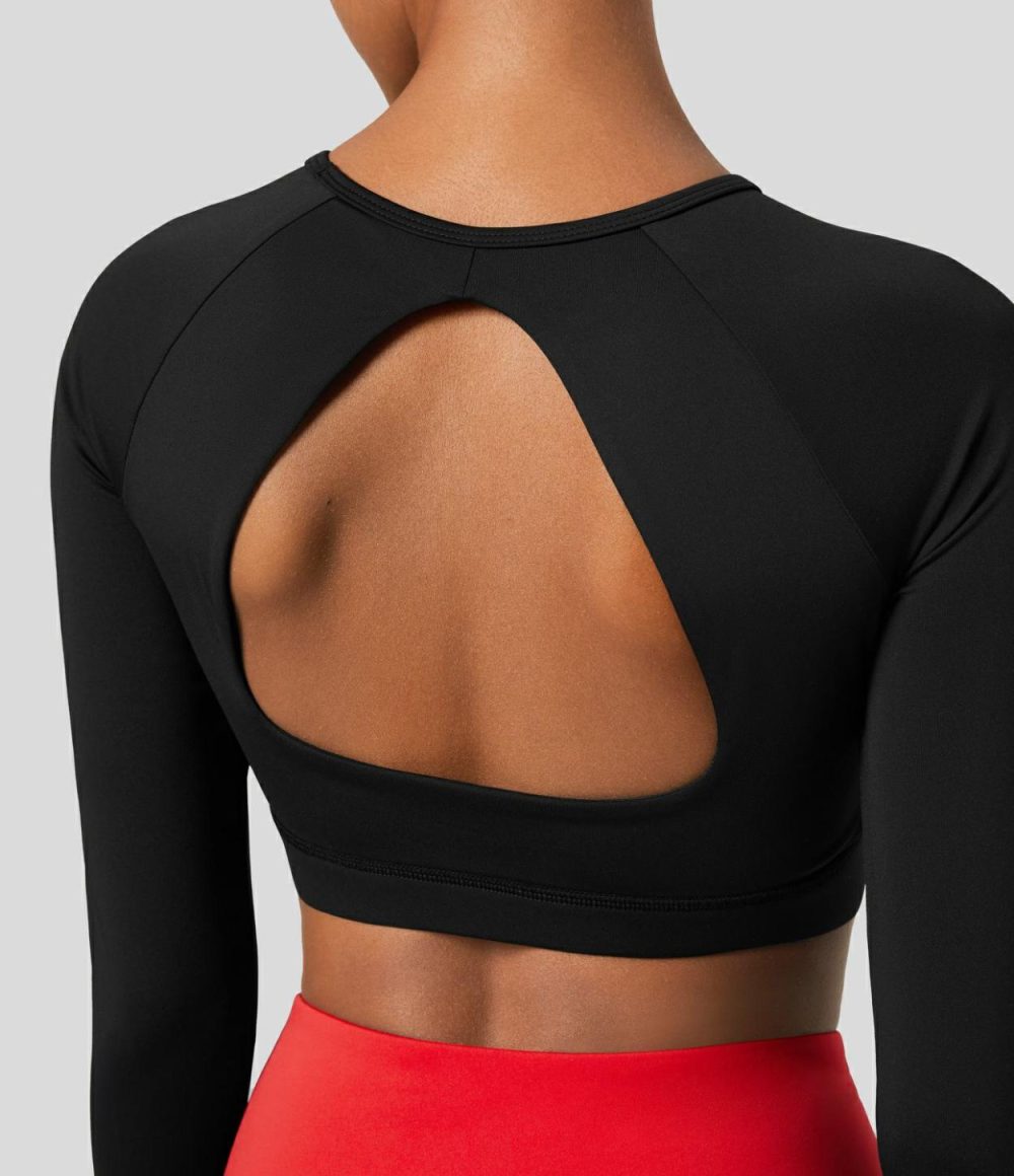 Round Neck Cut Out Thumb Hole Backless Cropped Quick Dry Tennis Sports Top  | Womens  Sports Tops Clothing Black/White