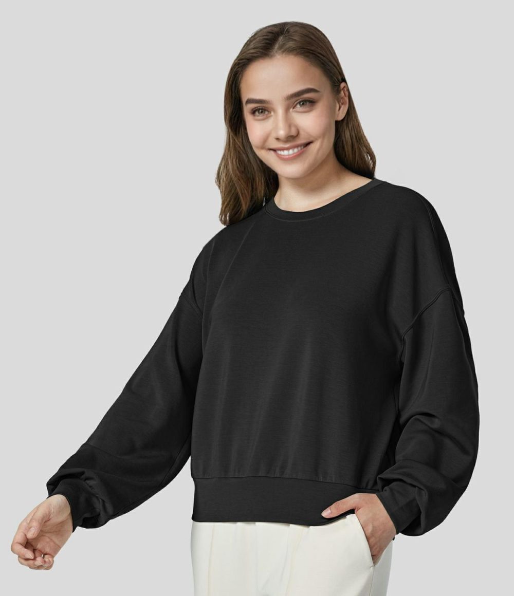 Round Neck Dropped Shoulder Back Plicated Casual Sweatshirt  | Womens  Long Sleeve Tops Clothing Asparagus/Black