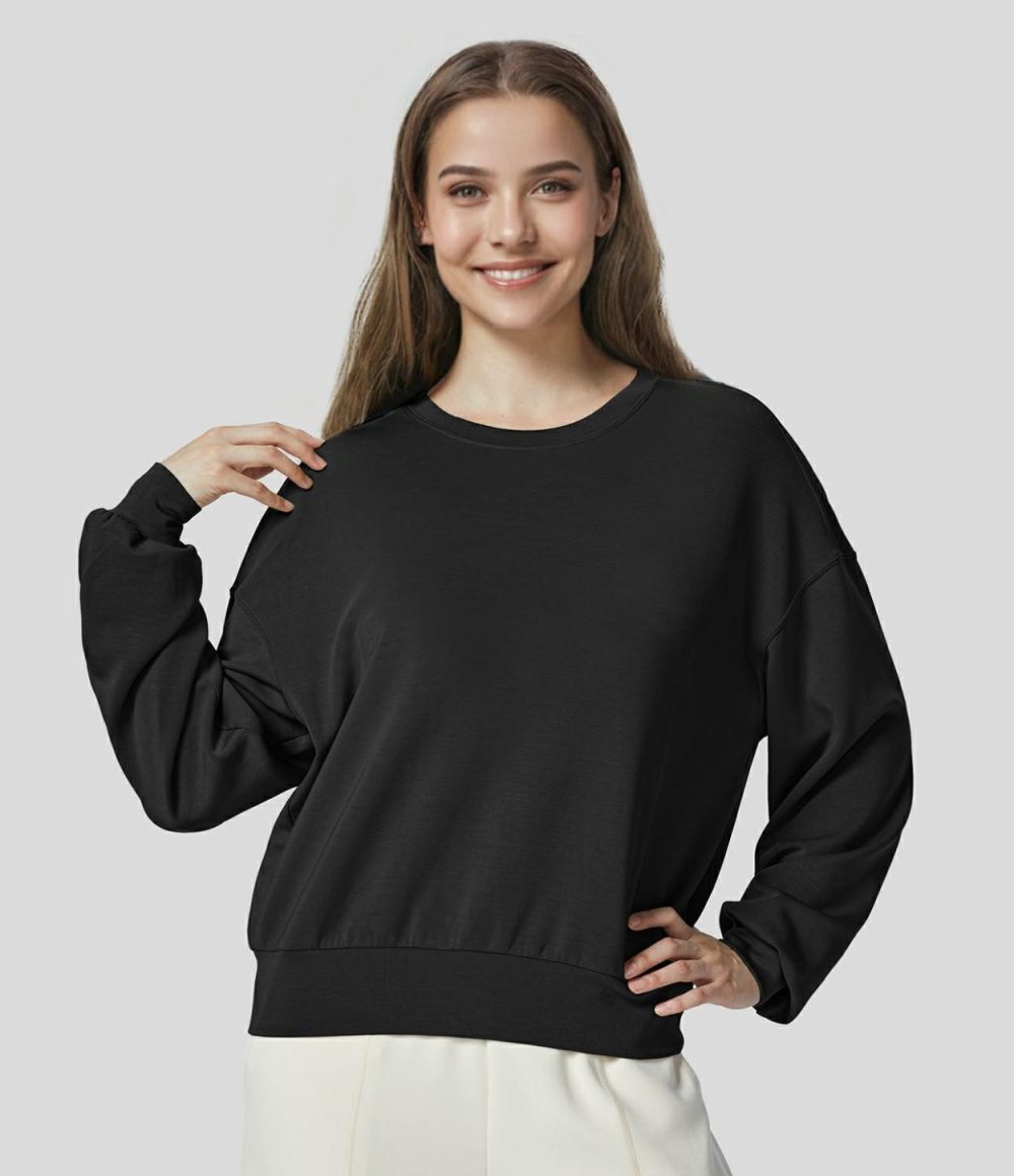 Round Neck Dropped Shoulder Back Plicated Casual Sweatshirt  | Womens  Long Sleeve Tops Clothing Asparagus/Black