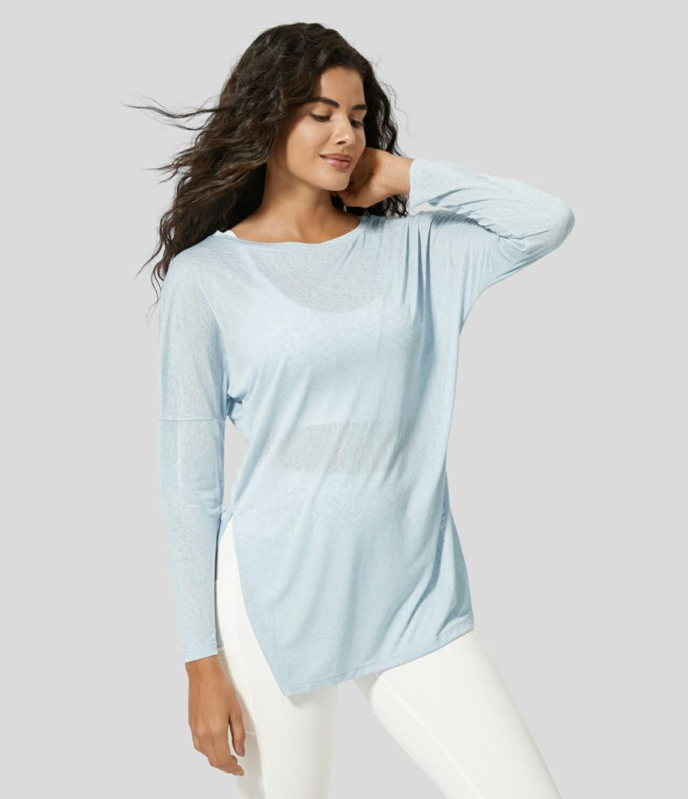 Round Neck Dropped Shoulder Split Hem Jacquard Yoga Sports Top  | Womens  Sports Tops Clothing Sports Tops