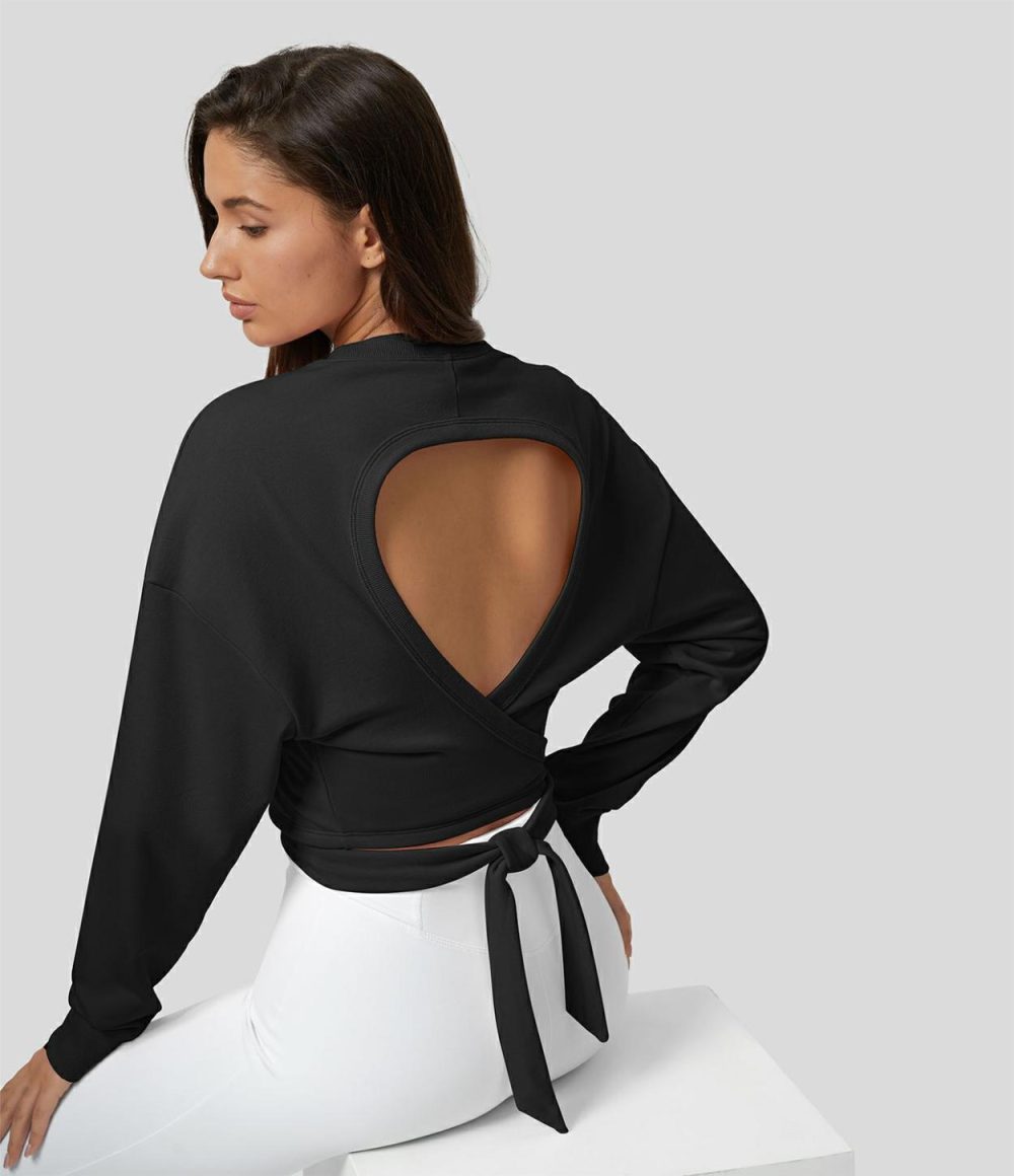 Round Neck Long Sleeve Backless Crossover Tie Side Casual Cotton Sweatshirt  | Womens  Long Sleeve Tops Clothing Long Sleeve Tops