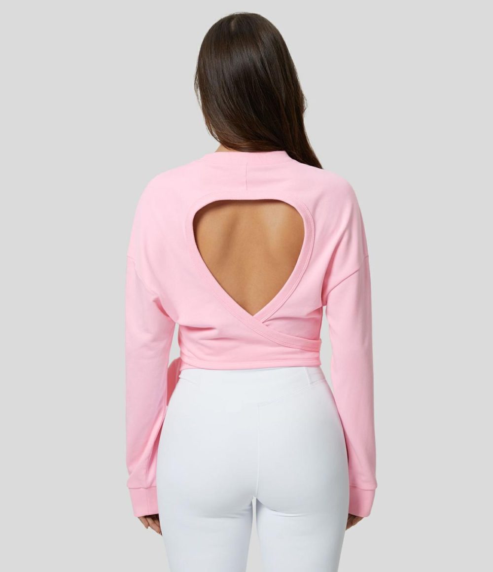 Round Neck Long Sleeve Backless Crossover Tie Side Casual Cotton Sweatshirt  | Womens  Long Sleeve Tops Clothing Long Sleeve Tops