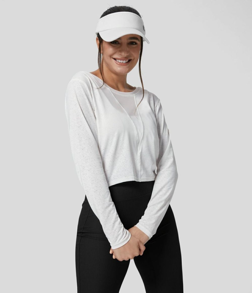 Round Neck Long Sleeve Contrast Mesh Crossover Hem Solid Yoga Sports Top  | Womens  Sports Tops Clothing Sports Tops