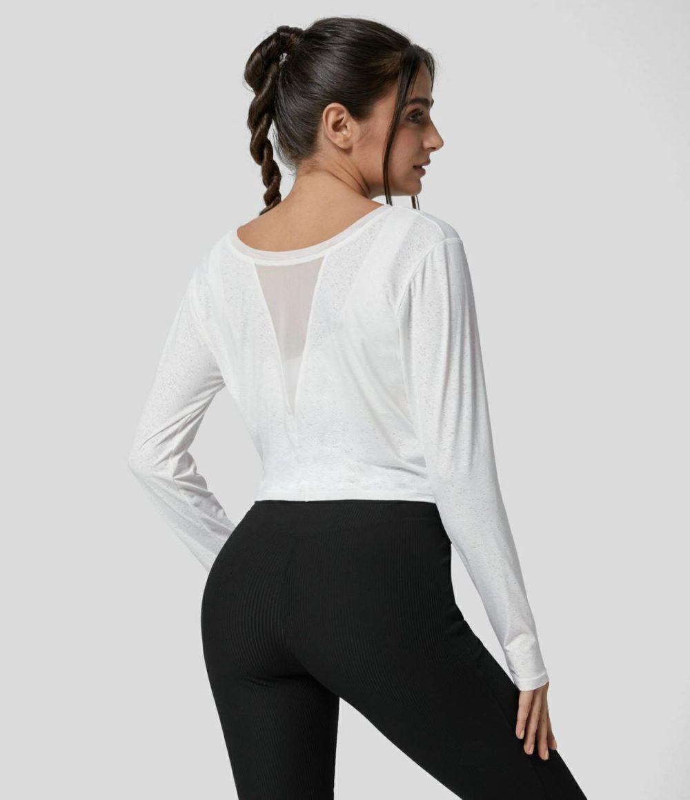 Round Neck Long Sleeve Contrast Mesh Crossover Hem Solid Yoga Sports Top  | Womens  Sports Tops Clothing Sports Tops