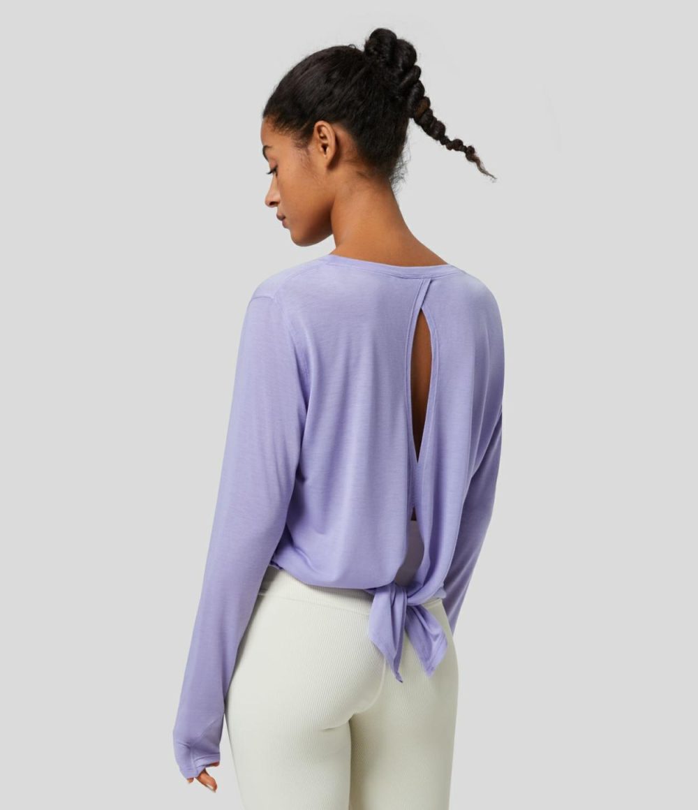 Round Neck Long Sleeve Cut Out Split Tie Back Yoga Sports Top  | Womens  Sports Tops Clothing Black/Pastel Lilac