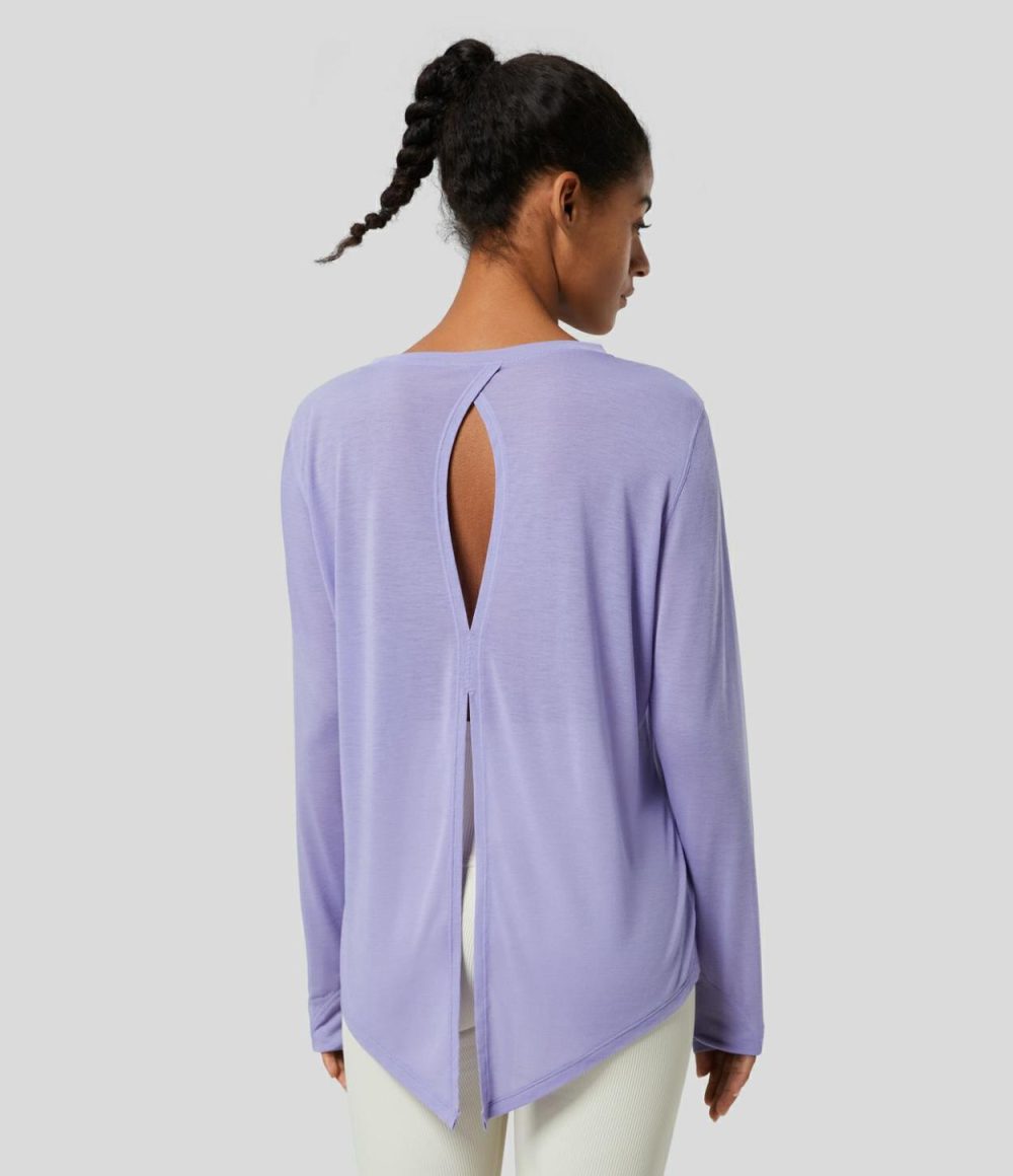 Round Neck Long Sleeve Cut Out Split Tie Back Yoga Sports Top  | Womens  Sports Tops Clothing Black/Pastel Lilac