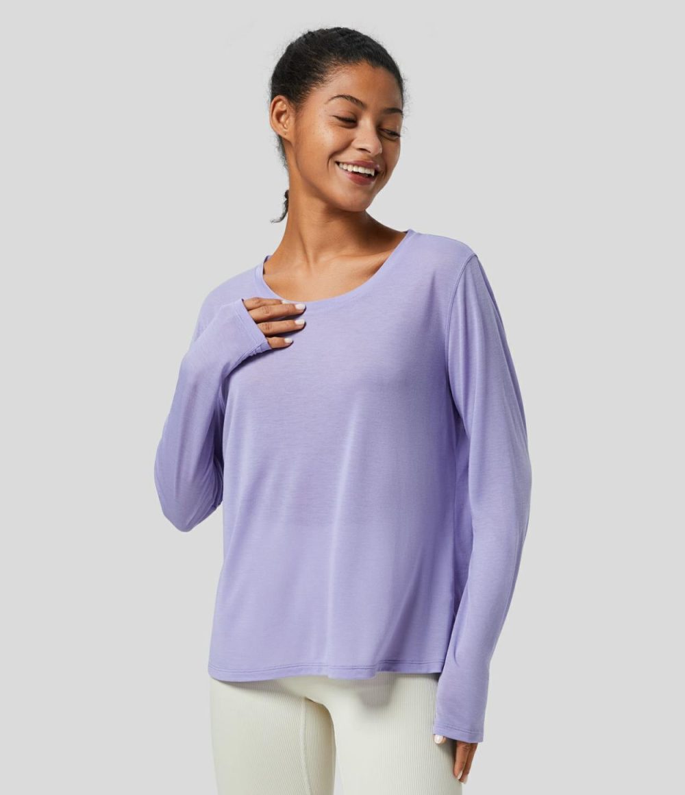 Round Neck Long Sleeve Cut Out Split Tie Back Yoga Sports Top  | Womens  Sports Tops Clothing Black/Pastel Lilac