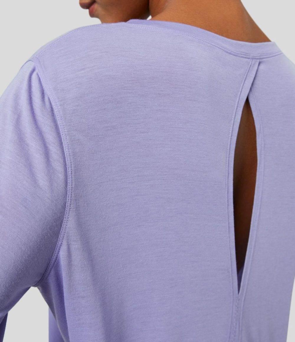 Round Neck Long Sleeve Cut Out Split Tie Back Yoga Sports Top  | Womens  Sports Tops Clothing Black/Pastel Lilac