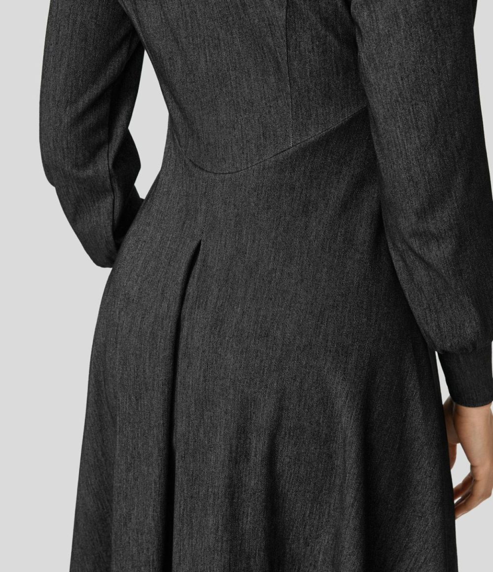 Round Neck Long Sleeve Side Pocket Corset Plicated Flare Stretchy Knit Denim Midi Work Dress  | Womens  Denim Shorts Clothing Denim Shorts