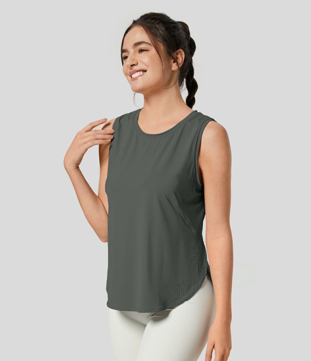 Round Neck Mesh Curved Hem Tennis Tank Top  | Womens  Curved Hem Tops Clothing Curved Hem Tops