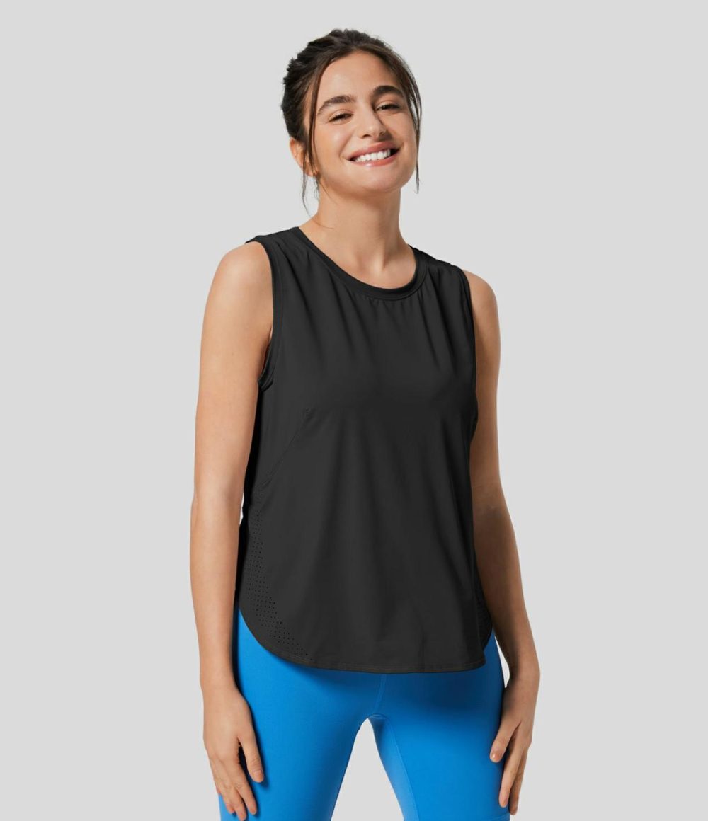 Round Neck Mesh Curved Hem Tennis Tank Top  | Womens  Curved Hem Tops Clothing Curved Hem Tops