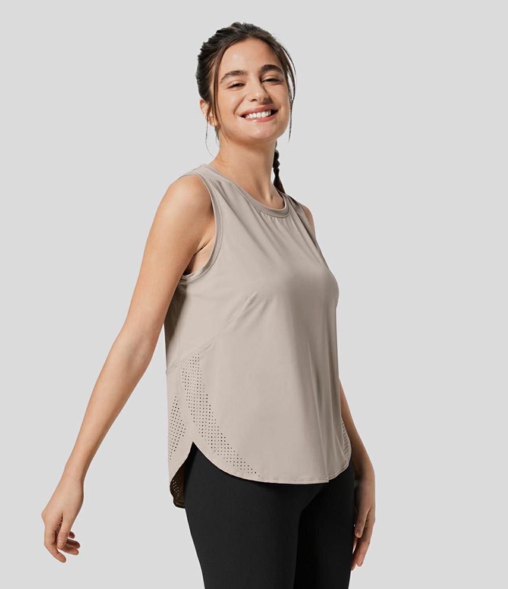 Round Neck Mesh Curved Hem Tennis Tank Top  | Womens  Curved Hem Tops Clothing Curved Hem Tops