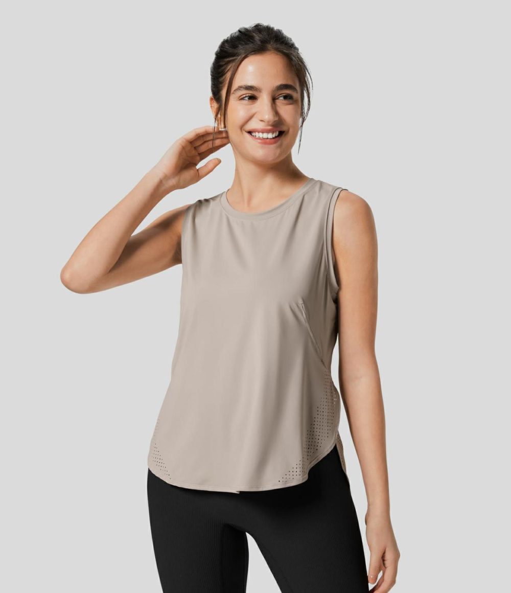 Round Neck Mesh Curved Hem Tennis Tank Top  | Womens  Curved Hem Tops Clothing Curved Hem Tops