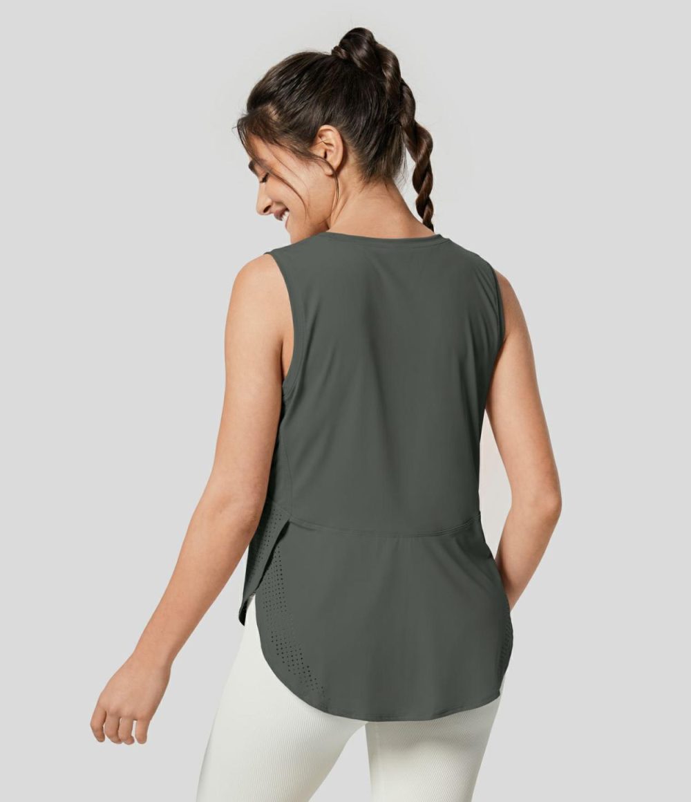 Round Neck Mesh Curved Hem Tennis Tank Top  | Womens  Curved Hem Tops Clothing Curved Hem Tops