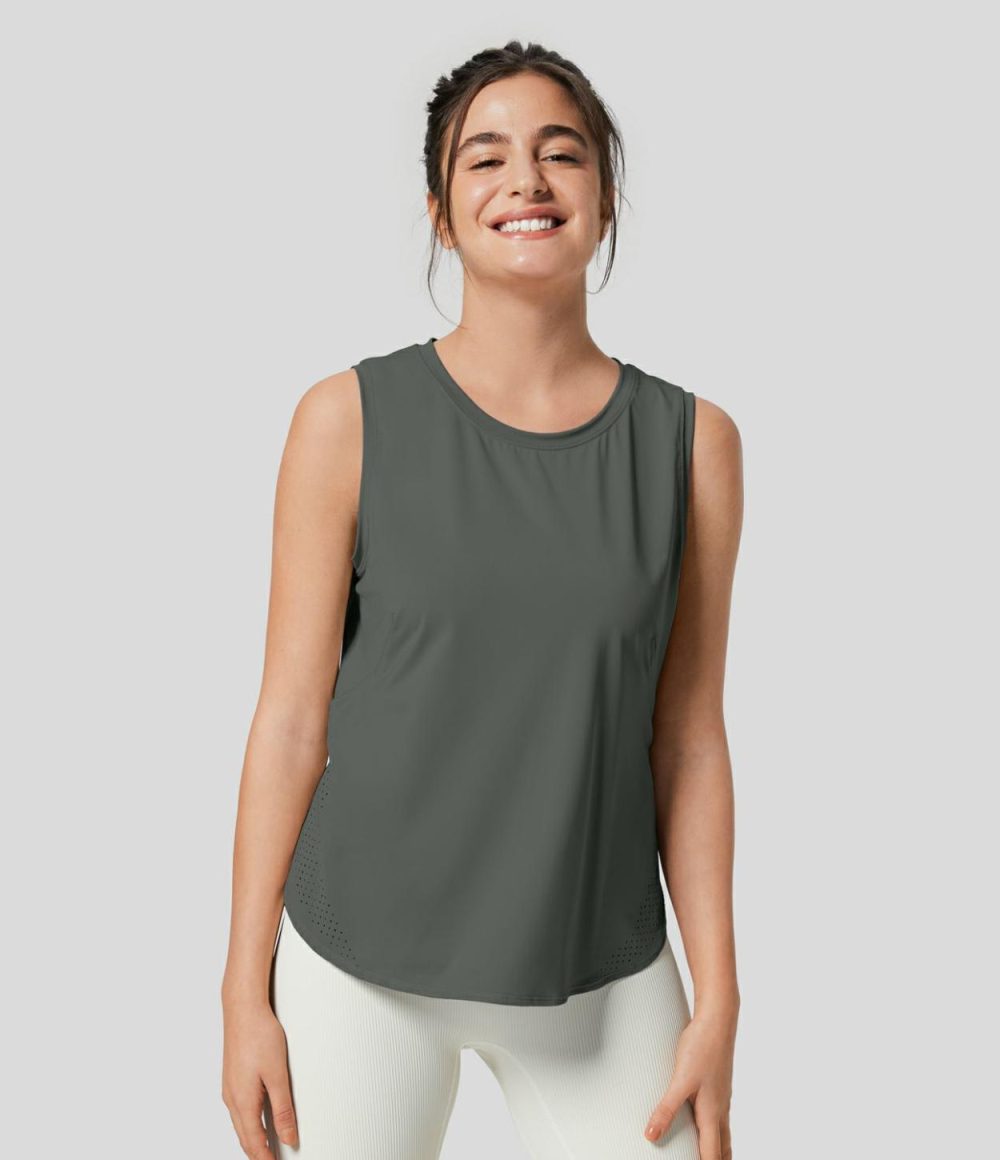 Round Neck Mesh Curved Hem Tennis Tank Top  | Womens  Curved Hem Tops Clothing Curved Hem Tops