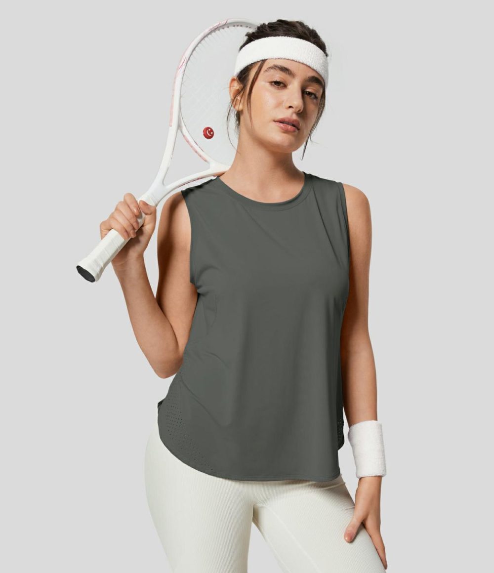 Round Neck Mesh Curved Hem Tennis Tank Top  | Womens  Curved Hem Tops Clothing Curved Hem Tops