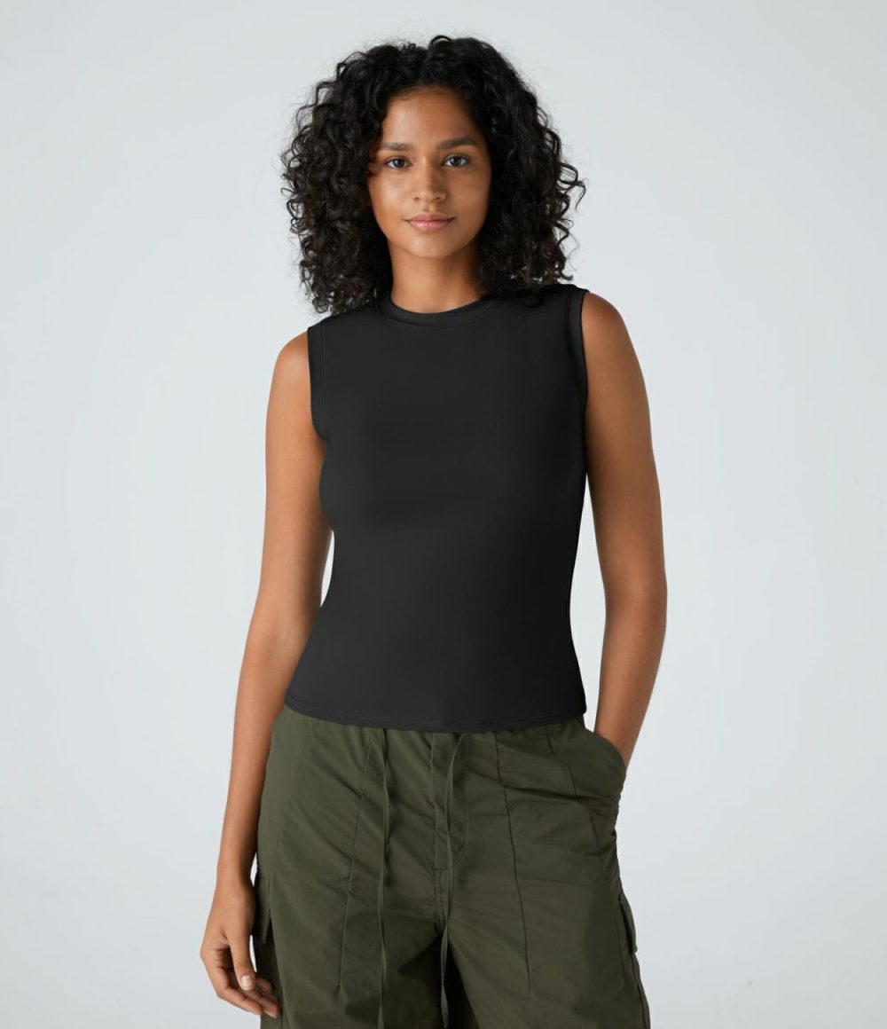 Round Neck Plain Skinny Casual Tank Top  | Womens  T-Shirts Clothing Black/Hedge Green