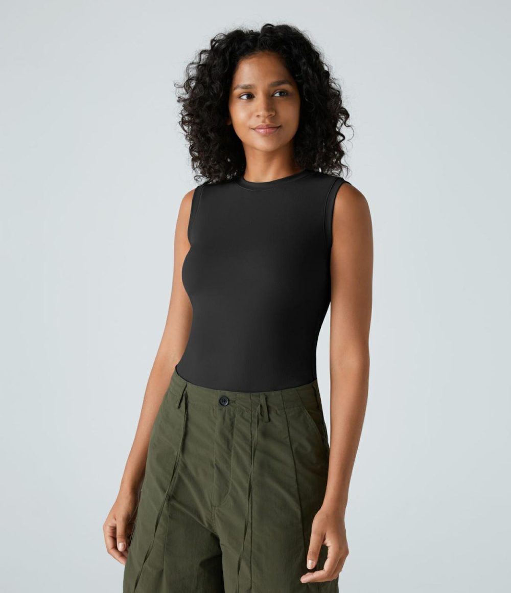 Round Neck Plain Skinny Casual Tank Top  | Womens  T-Shirts Clothing Black/Hedge Green