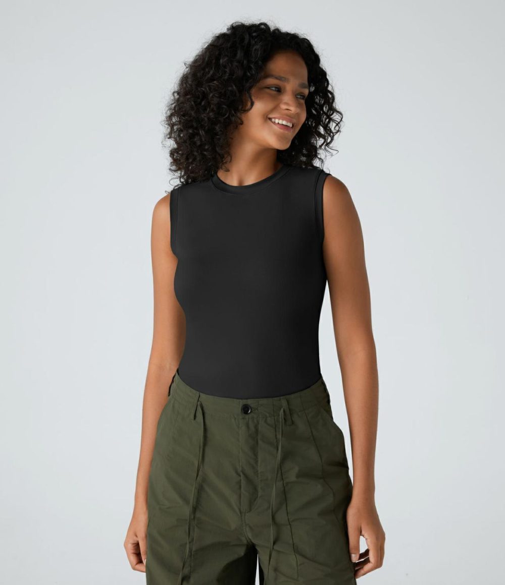 Round Neck Plain Skinny Casual Tank Top  | Womens  T-Shirts Clothing Black/Hedge Green