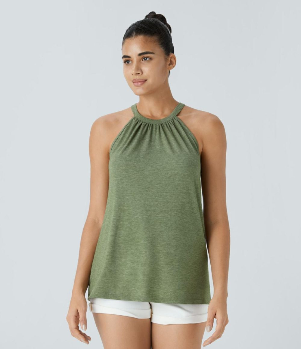 Round Neck Plicated Casual Tank Top  | Womens  T-Shirts Clothing Light Green Floral Yarn/Darl Gray Floral Yarn